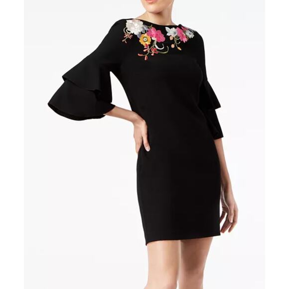 Trina Turk Black Embroidery Ruffle Sleeve Dress Back V - Picture 1 of 12